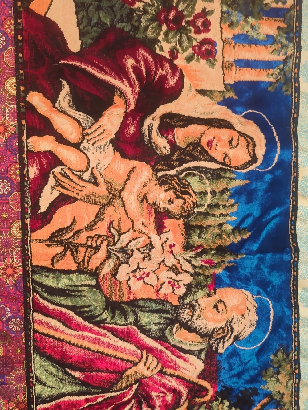 Vintage Holy Family TAPESTRY 39" X 20”  Kneeling Rug Wall Art Made In Lebanon